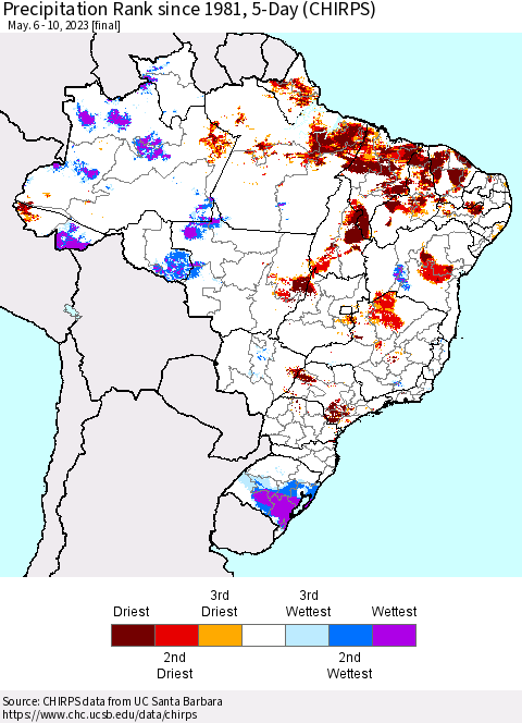Brazil Precipitation Rank since 1981, 5-Day (CHIRPS) Thematic Map For 5/6/2023 - 5/10/2023