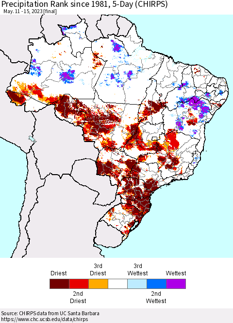 Brazil Precipitation Rank since 1981, 5-Day (CHIRPS) Thematic Map For 5/11/2023 - 5/15/2023