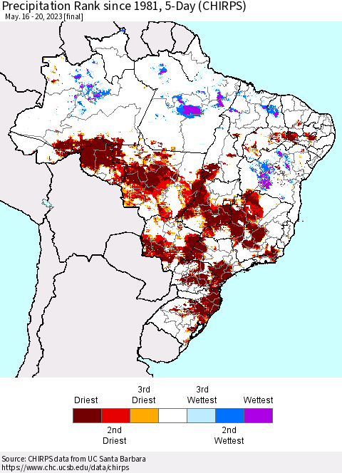 Brazil Precipitation Rank since 1981, 5-Day (CHIRPS) Thematic Map For 5/16/2023 - 5/20/2023
