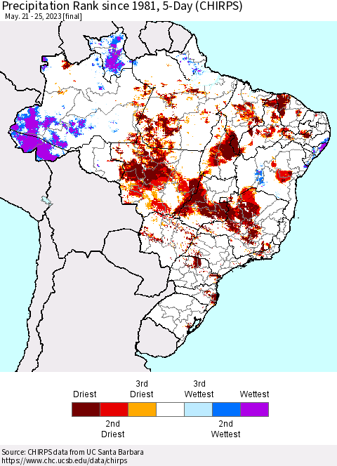 Brazil Precipitation Rank since 1981, 5-Day (CHIRPS) Thematic Map For 5/21/2023 - 5/25/2023