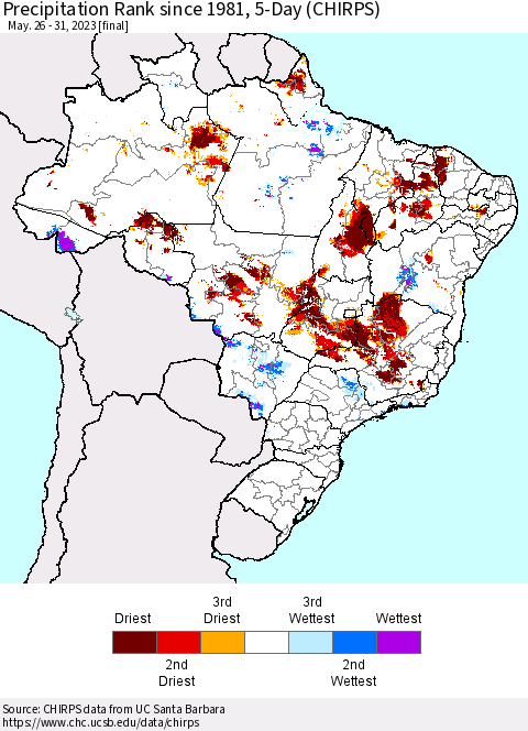 Brazil Precipitation Rank since 1981, 5-Day (CHIRPS) Thematic Map For 5/26/2023 - 5/31/2023