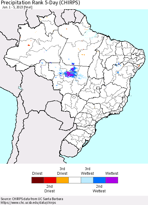 Brazil Precipitation Rank since 1981, 5-Day (CHIRPS) Thematic Map For 6/1/2023 - 6/5/2023