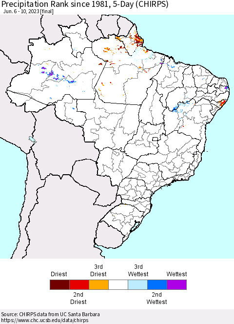 Brazil Precipitation Rank since 1981, 5-Day (CHIRPS) Thematic Map For 6/6/2023 - 6/10/2023