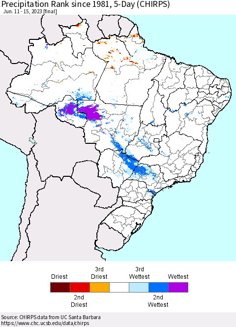 Brazil Precipitation Rank since 1981, 5-Day (CHIRPS) Thematic Map For 6/11/2023 - 6/15/2023