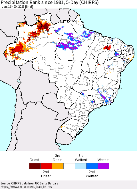 Brazil Precipitation Rank since 1981, 5-Day (CHIRPS) Thematic Map For 6/16/2023 - 6/20/2023