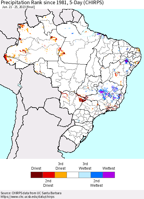 Brazil Precipitation Rank since 1981, 5-Day (CHIRPS) Thematic Map For 6/21/2023 - 6/25/2023