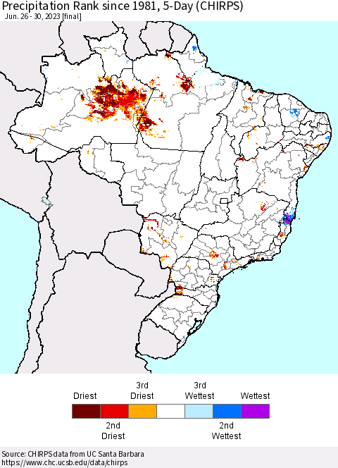 Brazil Precipitation Rank since 1981, 5-Day (CHIRPS) Thematic Map For 6/26/2023 - 6/30/2023
