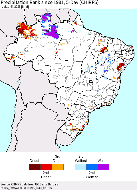 Brazil Precipitation Rank since 1981, 5-Day (CHIRPS) Thematic Map For 7/1/2023 - 7/5/2023