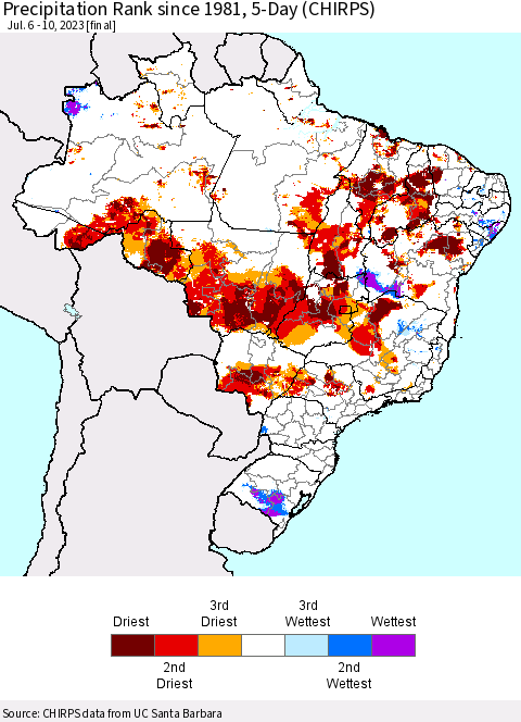 Brazil Precipitation Rank since 1981, 5-Day (CHIRPS) Thematic Map For 7/6/2023 - 7/10/2023