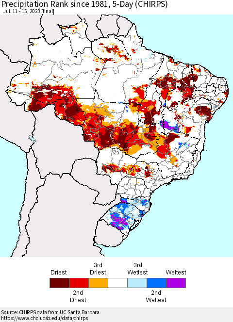 Brazil Precipitation Rank since 1981, 5-Day (CHIRPS) Thematic Map For 7/11/2023 - 7/15/2023