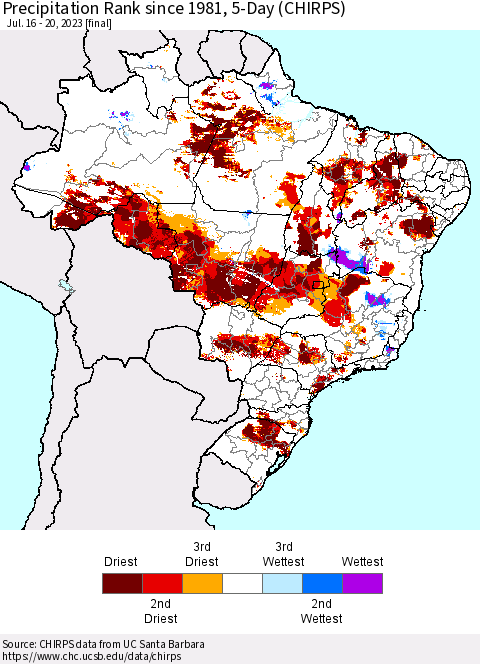 Brazil Precipitation Rank since 1981, 5-Day (CHIRPS) Thematic Map For 7/16/2023 - 7/20/2023