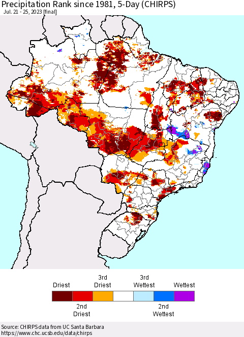 Brazil Precipitation Rank since 1981, 5-Day (CHIRPS) Thematic Map For 7/21/2023 - 7/25/2023