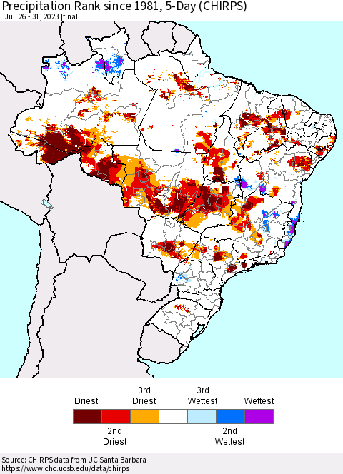 Brazil Precipitation Rank since 1981, 5-Day (CHIRPS) Thematic Map For 7/26/2023 - 7/31/2023