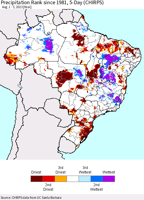Brazil Precipitation Rank since 1981, 5-Day (CHIRPS) Thematic Map For 8/1/2023 - 8/5/2023
