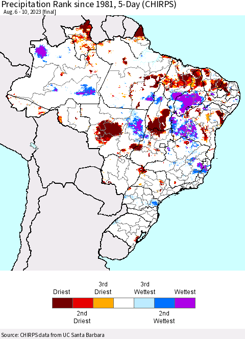 Brazil Precipitation Rank since 1981, 5-Day (CHIRPS) Thematic Map For 8/6/2023 - 8/10/2023