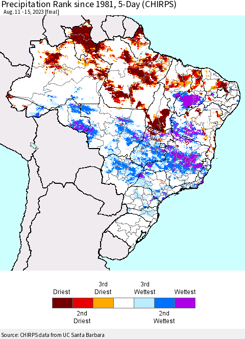 Brazil Precipitation Rank since 1981, 5-Day (CHIRPS) Thematic Map For 8/11/2023 - 8/15/2023