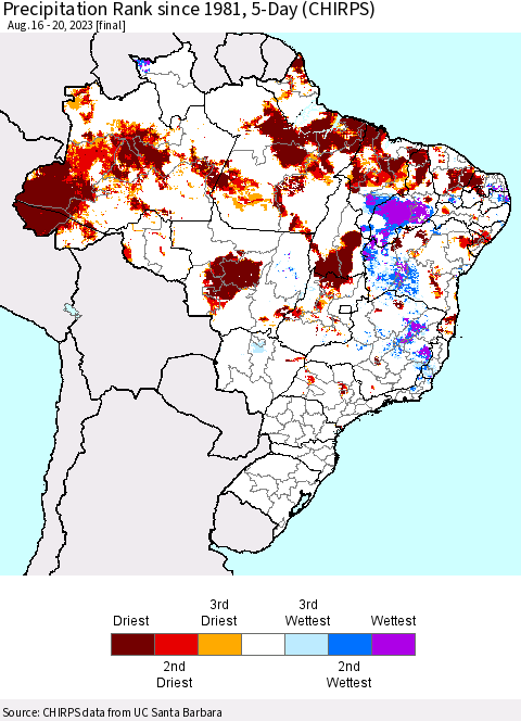 Brazil Precipitation Rank since 1981, 5-Day (CHIRPS) Thematic Map For 8/16/2023 - 8/20/2023
