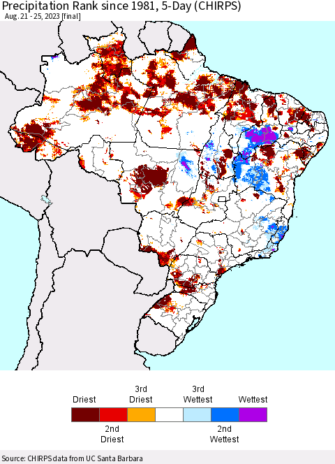 Brazil Precipitation Rank since 1981, 5-Day (CHIRPS) Thematic Map For 8/21/2023 - 8/25/2023