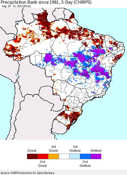 Brazil Precipitation Rank since 1981, 5-Day (CHIRPS) Thematic Map For 8/26/2023 - 8/31/2023