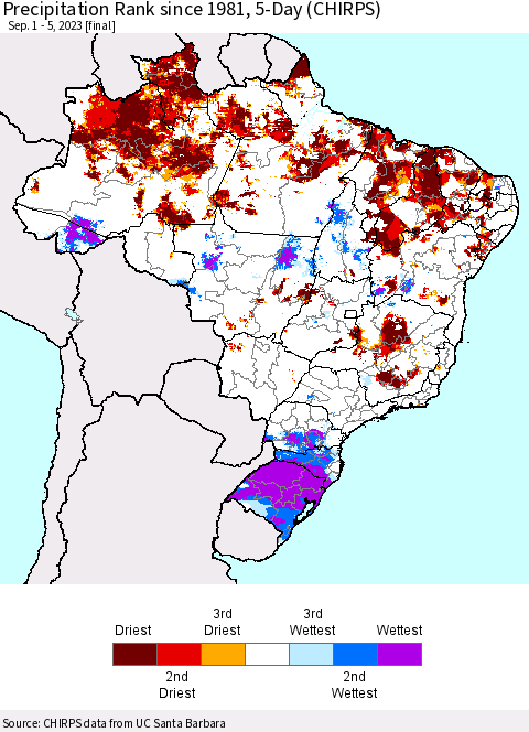 Brazil Precipitation Rank since 1981, 5-Day (CHIRPS) Thematic Map For 9/1/2023 - 9/5/2023