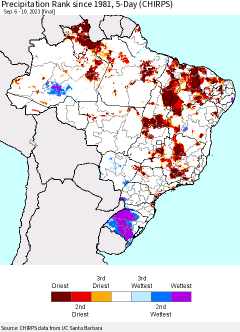 Brazil Precipitation Rank since 1981, 5-Day (CHIRPS) Thematic Map For 9/6/2023 - 9/10/2023