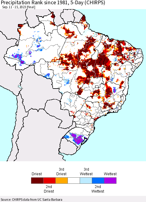 Brazil Precipitation Rank since 1981, 5-Day (CHIRPS) Thematic Map For 9/11/2023 - 9/15/2023