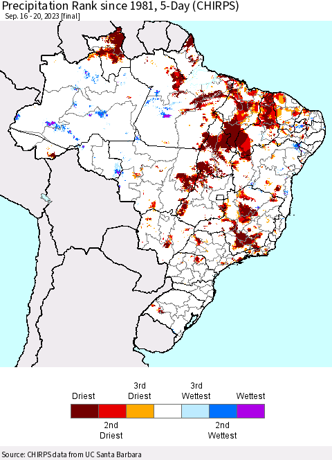 Brazil Precipitation Rank since 1981, 5-Day (CHIRPS) Thematic Map For 9/16/2023 - 9/20/2023