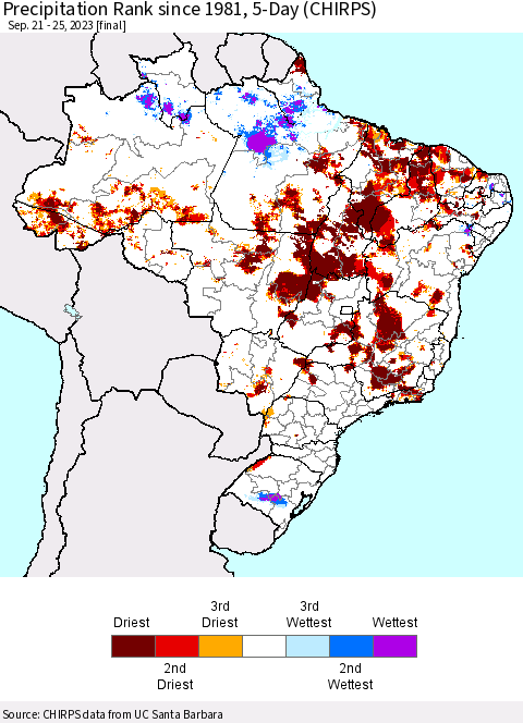 Brazil Precipitation Rank since 1981, 5-Day (CHIRPS) Thematic Map For 9/21/2023 - 9/25/2023