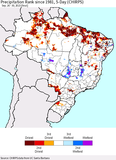 Brazil Precipitation Rank since 1981, 5-Day (CHIRPS) Thematic Map For 9/26/2023 - 9/30/2023