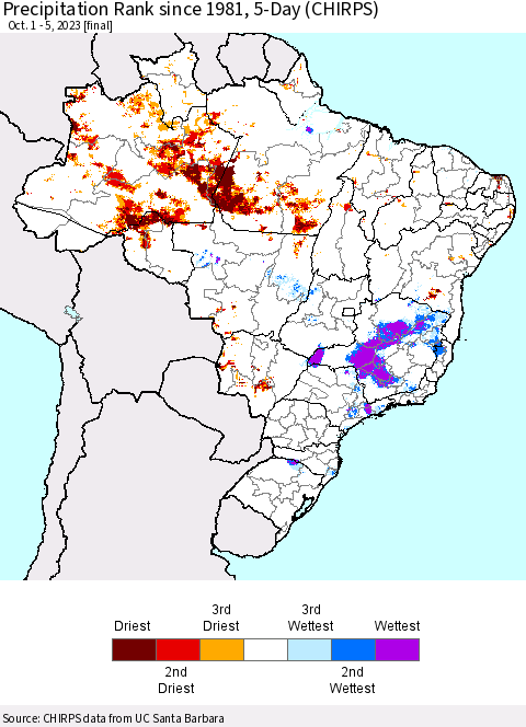 Brazil Precipitation Rank since 1981, 5-Day (CHIRPS) Thematic Map For 10/1/2023 - 10/5/2023