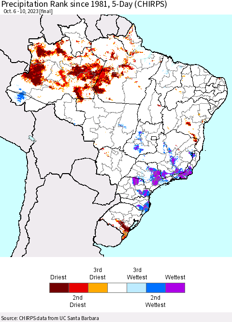 Brazil Precipitation Rank since 1981, 5-Day (CHIRPS) Thematic Map For 10/6/2023 - 10/10/2023