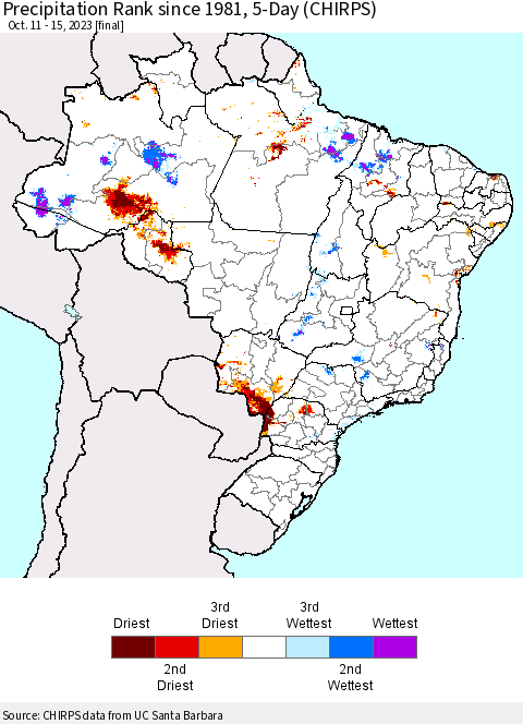 Brazil Precipitation Rank since 1981, 5-Day (CHIRPS) Thematic Map For 10/11/2023 - 10/15/2023