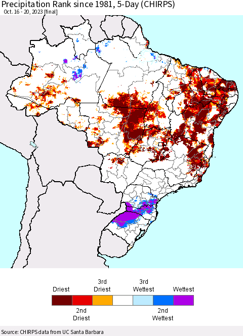 Brazil Precipitation Rank since 1981, 5-Day (CHIRPS) Thematic Map For 10/16/2023 - 10/20/2023