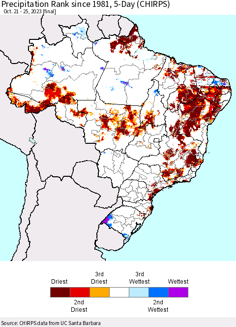 Brazil Precipitation Rank since 1981, 5-Day (CHIRPS) Thematic Map For 10/21/2023 - 10/25/2023
