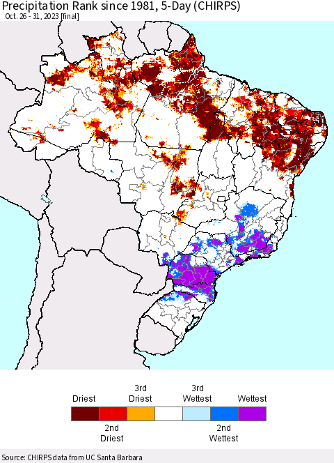 Brazil Precipitation Rank since 1981, 5-Day (CHIRPS) Thematic Map For 10/26/2023 - 10/31/2023