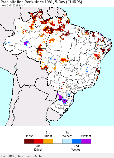 Brazil Precipitation Rank since 1981, 5-Day (CHIRPS) Thematic Map For 11/1/2023 - 11/5/2023