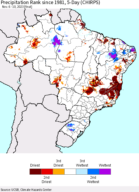 Brazil Precipitation Rank since 1981, 5-Day (CHIRPS) Thematic Map For 11/6/2023 - 11/10/2023