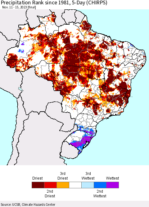 Brazil Precipitation Rank since 1981, 5-Day (CHIRPS) Thematic Map For 11/11/2023 - 11/15/2023