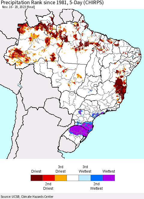 Brazil Precipitation Rank since 1981, 5-Day (CHIRPS) Thematic Map For 11/16/2023 - 11/20/2023