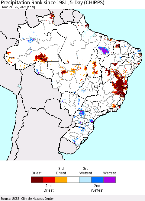 Brazil Precipitation Rank since 1981, 5-Day (CHIRPS) Thematic Map For 11/21/2023 - 11/25/2023