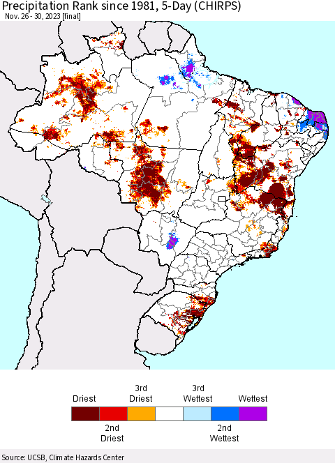 Brazil Precipitation Rank since 1981, 5-Day (CHIRPS) Thematic Map For 11/26/2023 - 11/30/2023