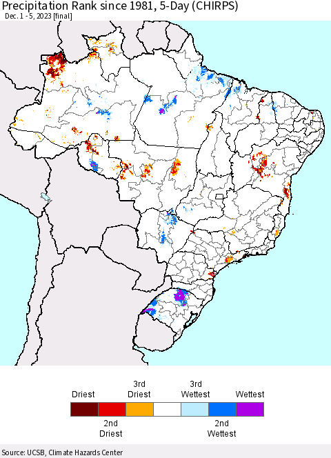 Brazil Precipitation Rank since 1981, 5-Day (CHIRPS) Thematic Map For 12/1/2023 - 12/5/2023
