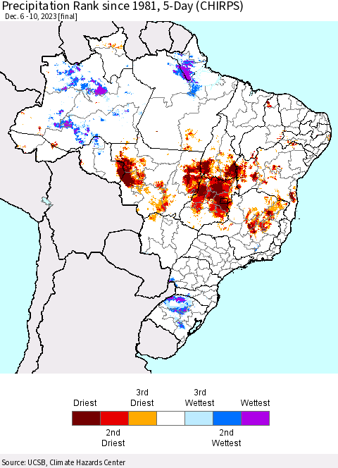 Brazil Precipitation Rank since 1981, 5-Day (CHIRPS) Thematic Map For 12/6/2023 - 12/10/2023