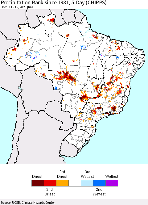 Brazil Precipitation Rank since 1981, 5-Day (CHIRPS) Thematic Map For 12/11/2023 - 12/15/2023