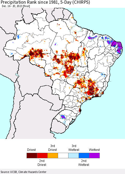 Brazil Precipitation Rank since 1981, 5-Day (CHIRPS) Thematic Map For 12/16/2023 - 12/20/2023