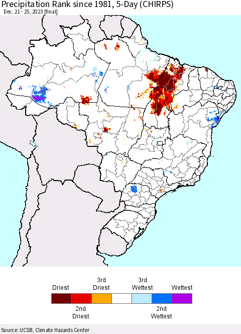 Brazil Precipitation Rank since 1981, 5-Day (CHIRPS) Thematic Map For 12/21/2023 - 12/25/2023