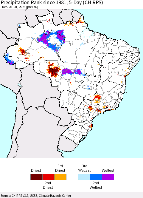 Brazil Precipitation Rank since 1981, 5-Day (CHIRPS) Thematic Map For 12/26/2023 - 12/31/2023