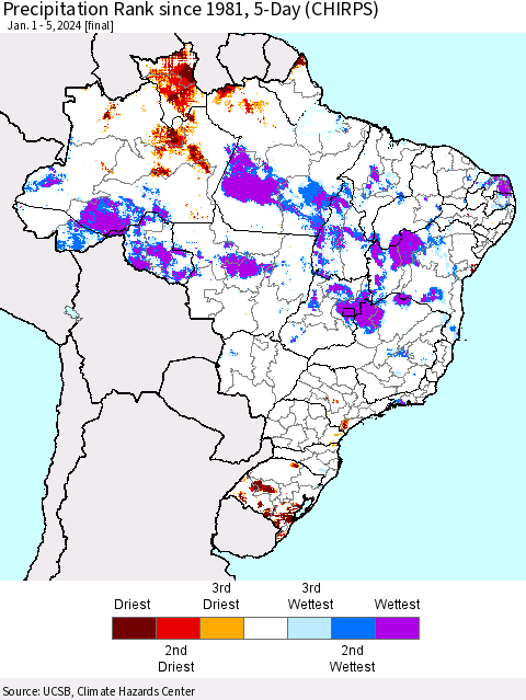 Brazil Precipitation Rank since 1981, 5-Day (CHIRPS) Thematic Map For 1/1/2024 - 1/5/2024