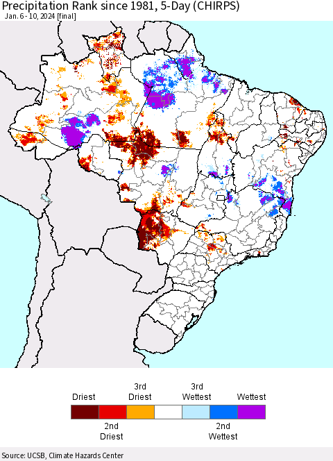 Brazil Precipitation Rank since 1981, 5-Day (CHIRPS) Thematic Map For 1/6/2024 - 1/10/2024