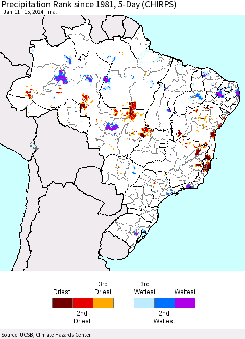 Brazil Precipitation Rank since 1981, 5-Day (CHIRPS) Thematic Map For 1/11/2024 - 1/15/2024